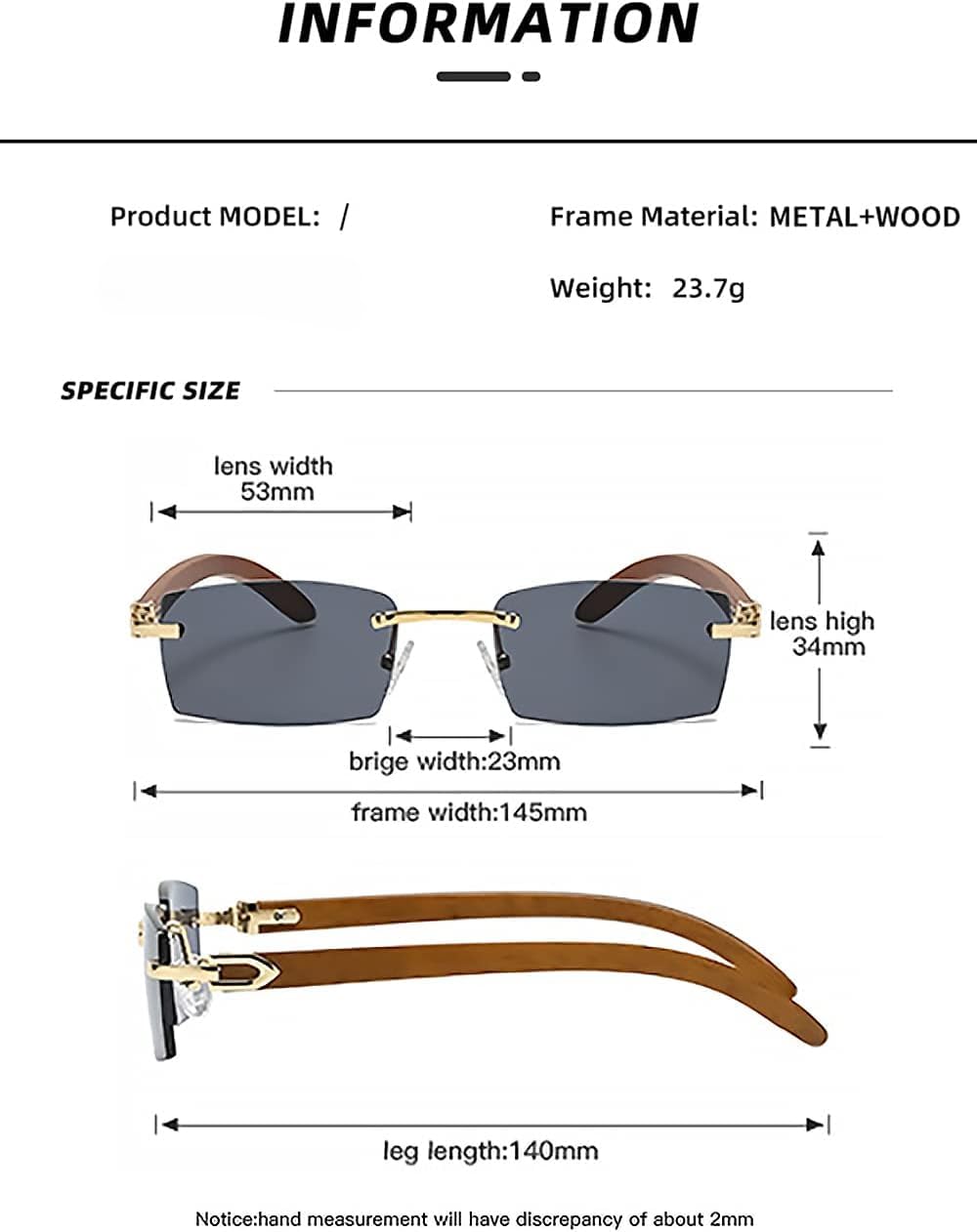 Retro Rimless Rectangle Sunglasses Gold Clear Lens UV400