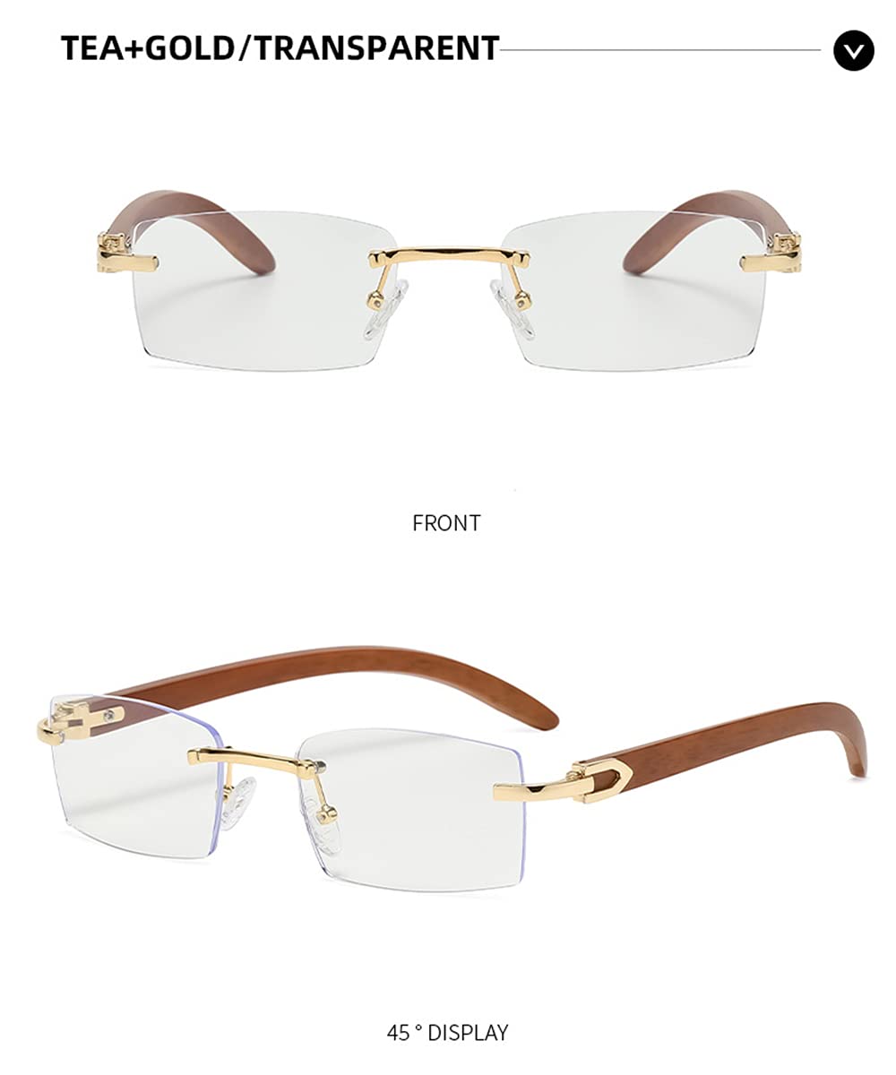 Retro Rimless Rectangle Sunglasses Gold Clear Lens UV400