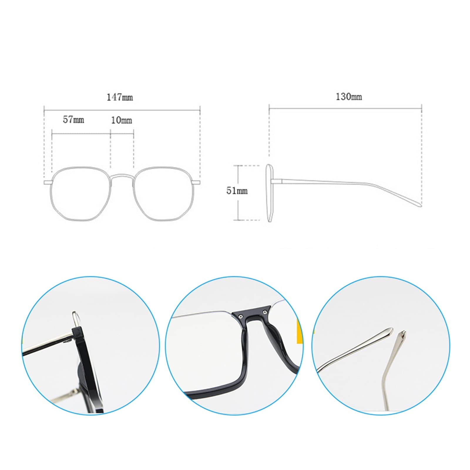 Oversized Square Half-Frame Eyeglasses Silver Black Clear
