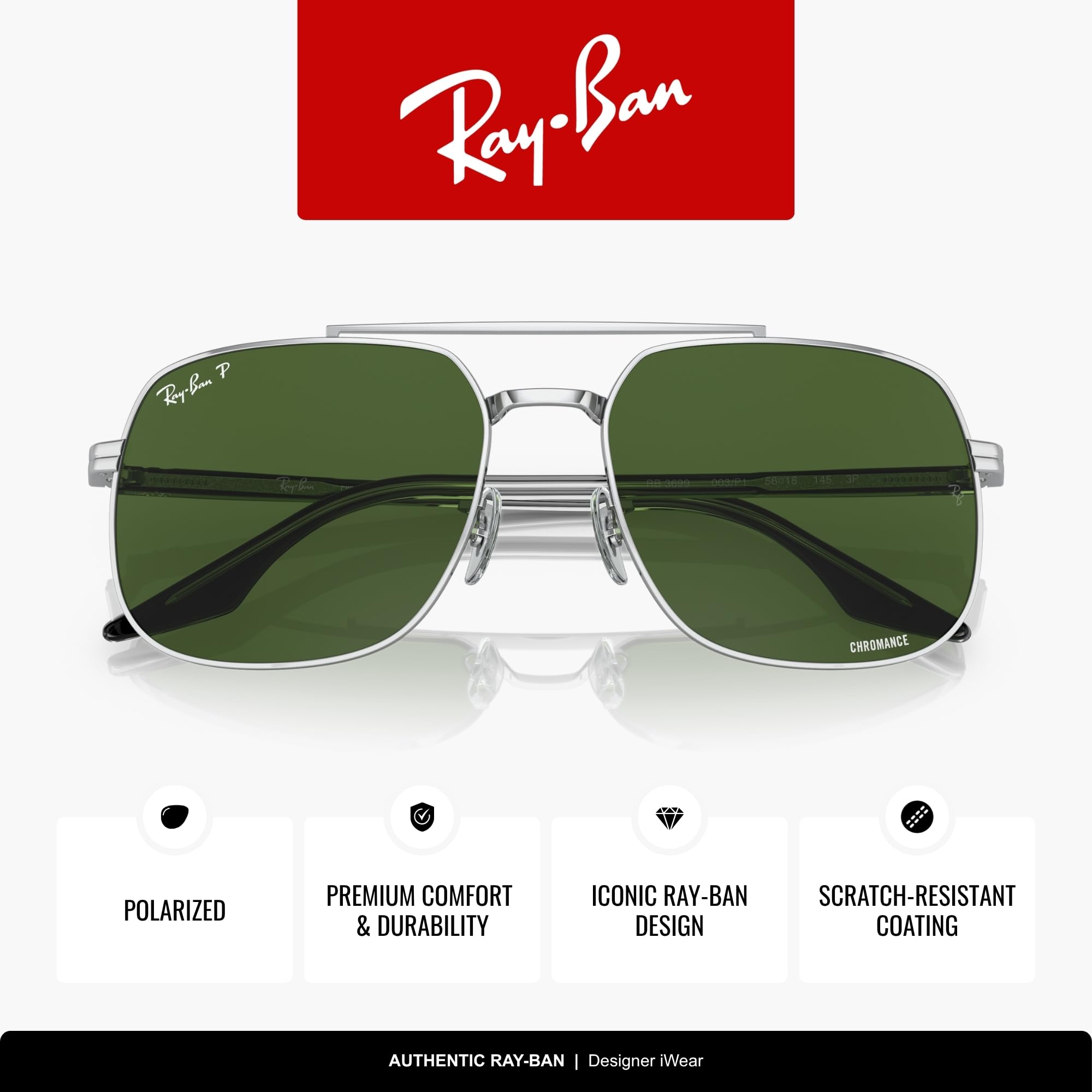 Square Polarized Sunglasses Silver Green Lens 59mm