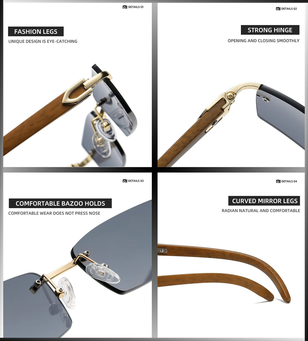 Retro Rimless Rectangle Sunglasses Gold Clear Lens UV400