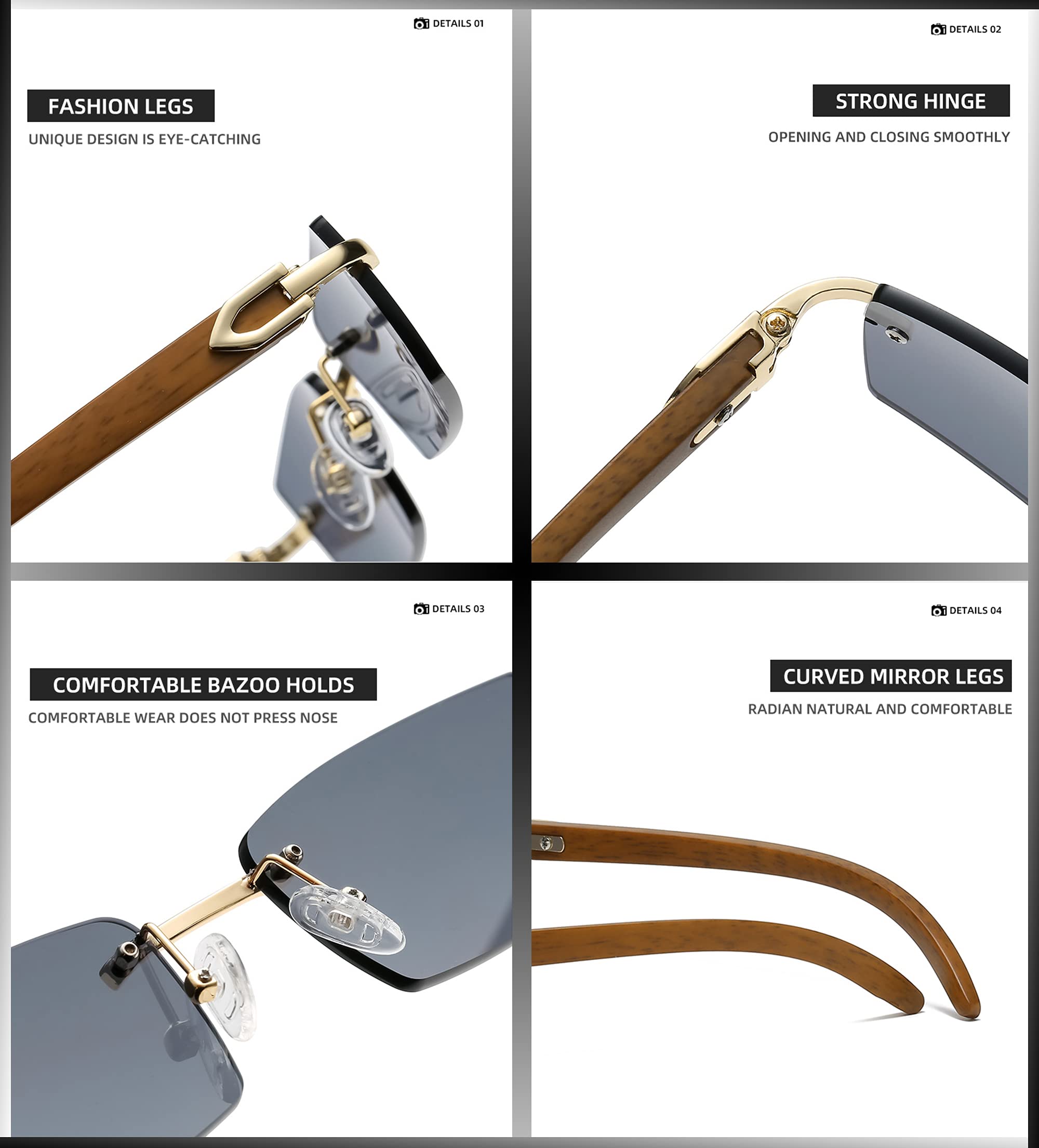 Retro Rimless Rectangle Sunglasses Gold Clear Lens UV400