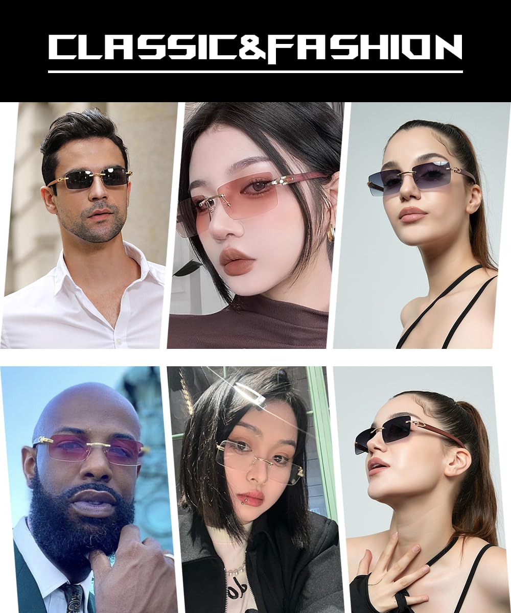 Retro Rimless Rectangle Sunglasses Gold Clear Lens UV400
